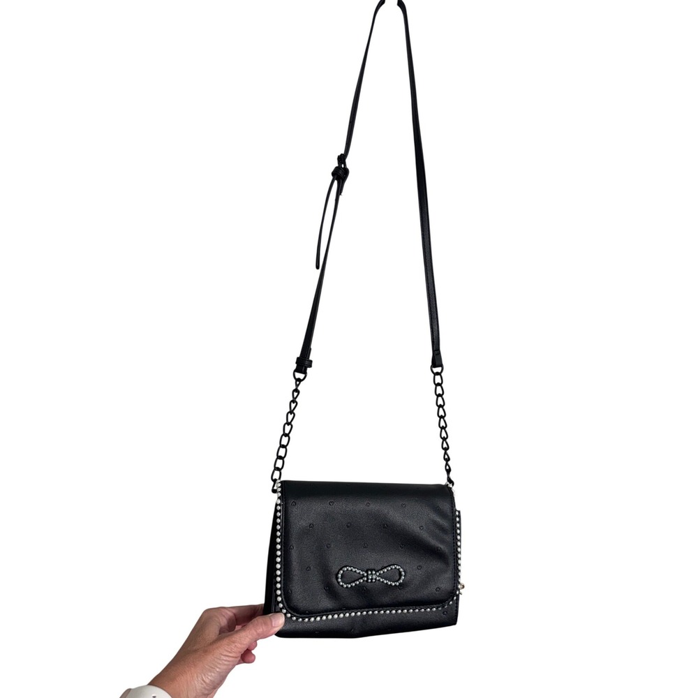 Betsey Johnson Pearl Bow Heart Embossed Crossbody Black Evening Bag NWOT